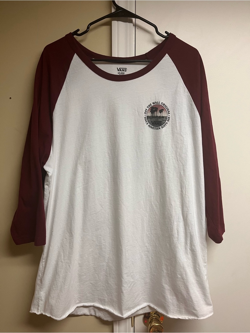 Vans Men's White and Maroon Raglan Long Sleeve Tee